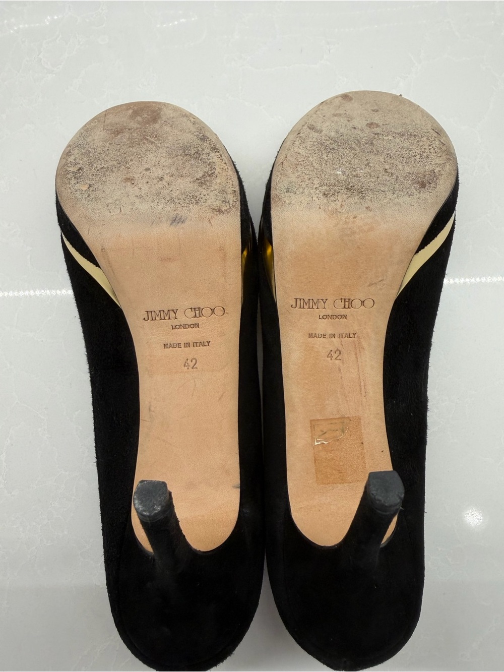 Jimmy Choo Black Suede Peep-Toe Pumps with Gold Toe Cap - Picture 4 of 4